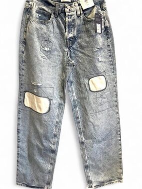 90s Retro Baggy Blue Denim Jeans with Patches, Distressed Light Wash Size 4R